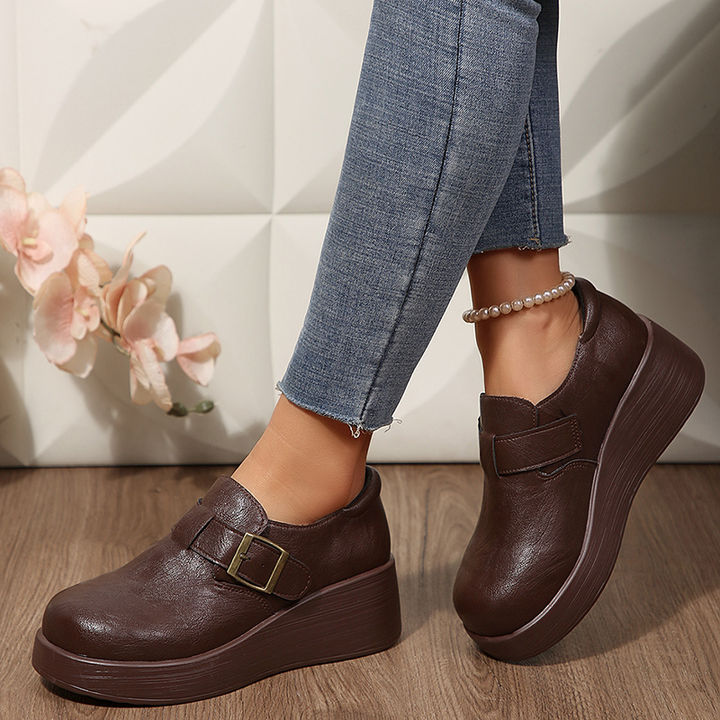 Vintage Buckle Platform Slip-On Shoes