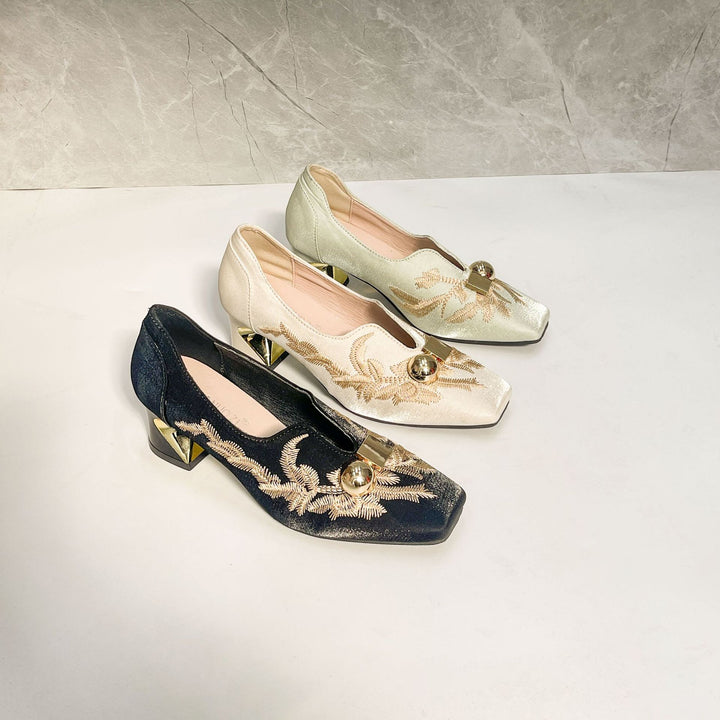 Embroidered Metallic Block Heel Pumps
