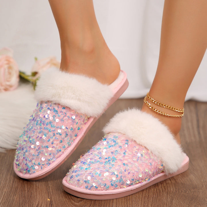 Sparkling Sequin Faux Fur Slippers