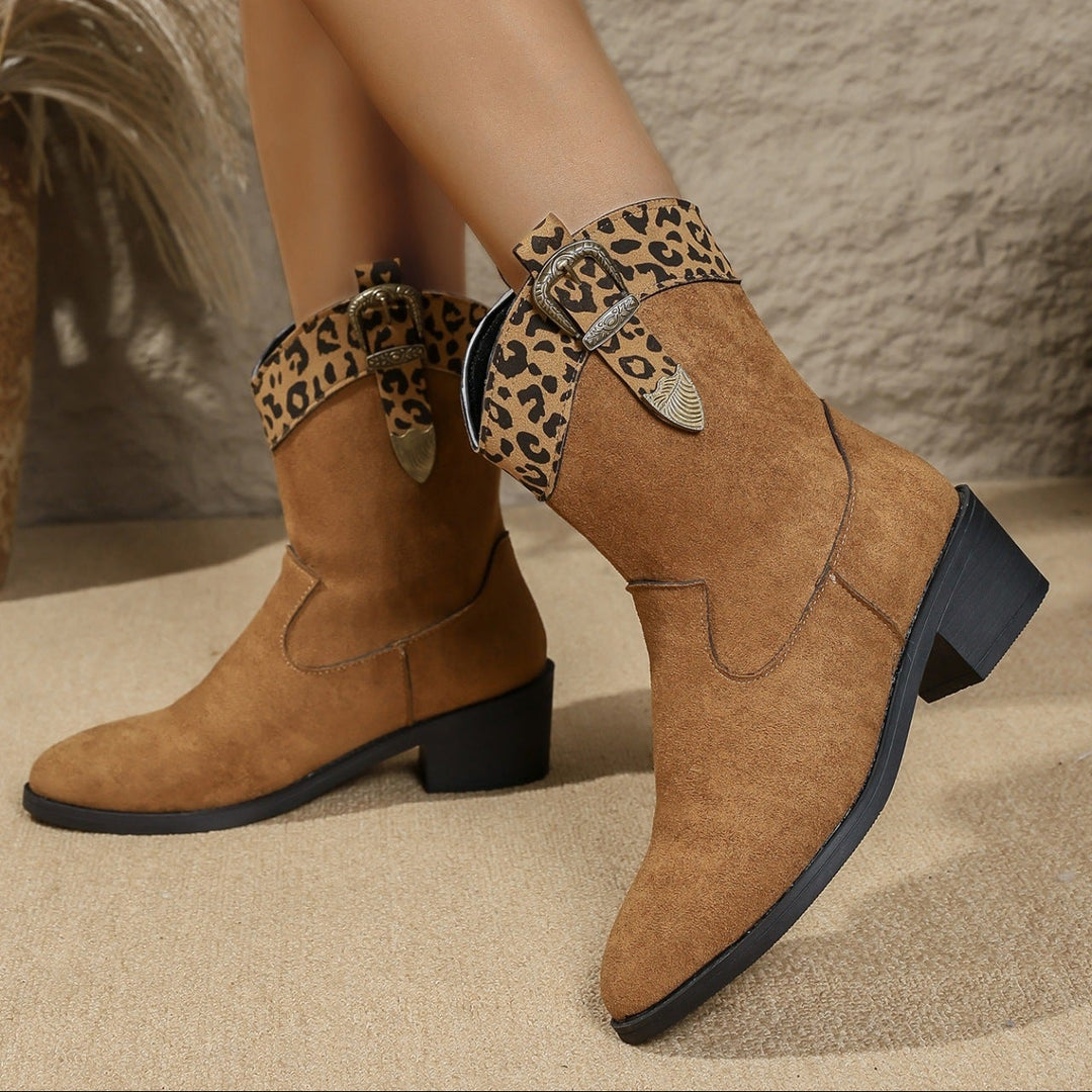 Leopard Trim Buckle Mid-Calf Boots