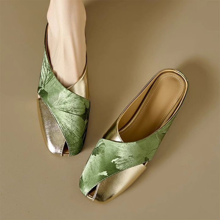 Metallic Floral Peep-Toe Mule Flats