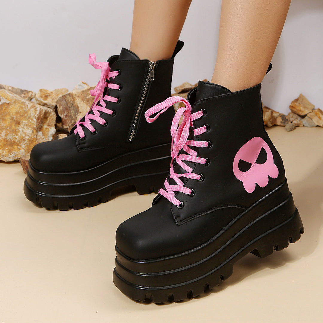Pink Graphic Platform Lace-Up Boots
