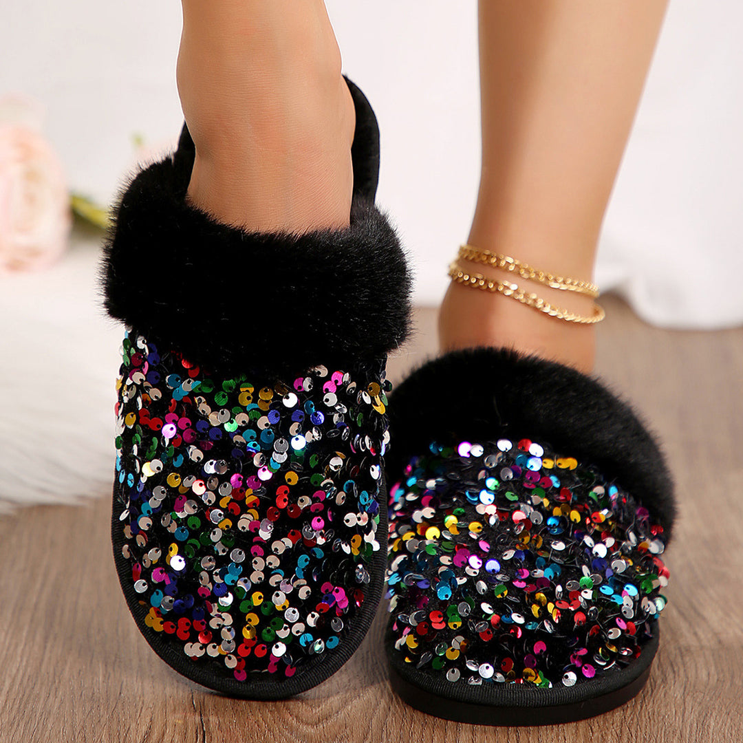 Sparkling Sequin Faux Fur Slippers