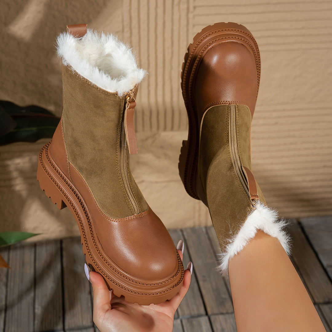 Black Faux Fur Trim Platform Ankle Boots