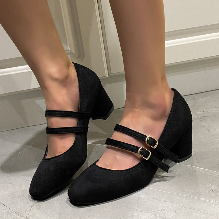 Double Strap Suede Block Heel Pumps