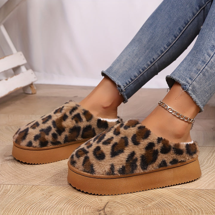 Leopard Plush Platform Slippers
