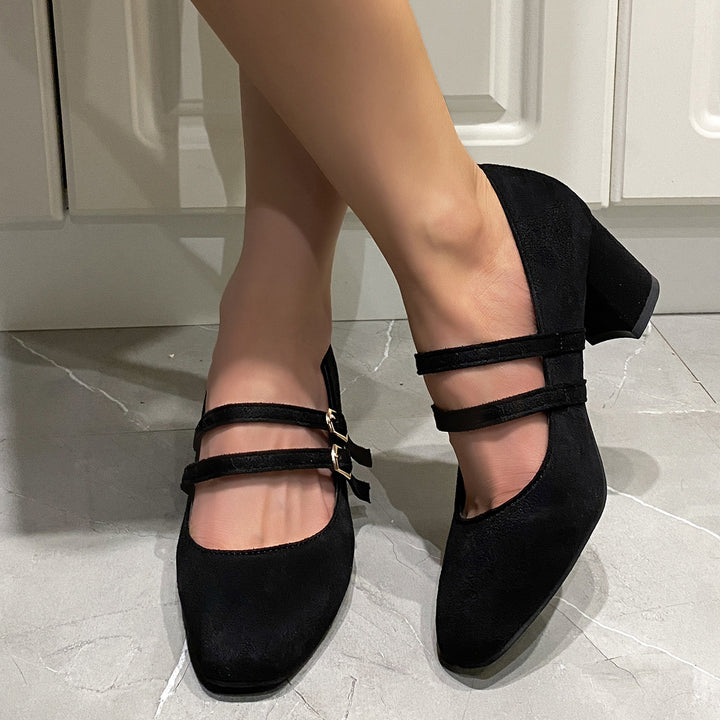Double Strap Suede Block Heel Pumps