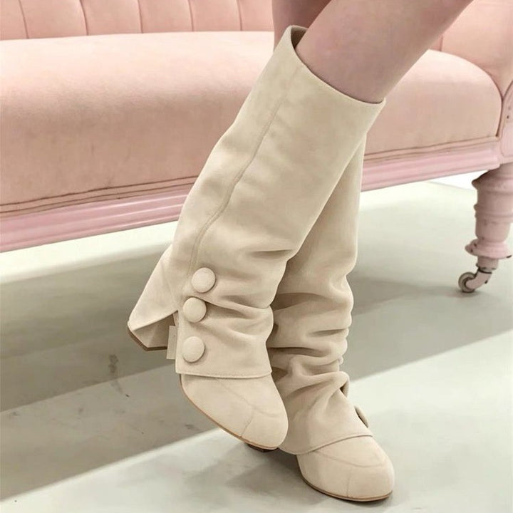 Button Slouch Knee-High Boots