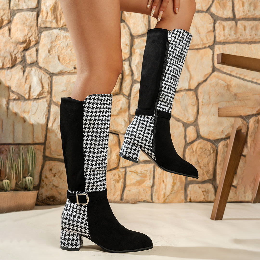 Houndstooth Knee-High Block Heel Boots