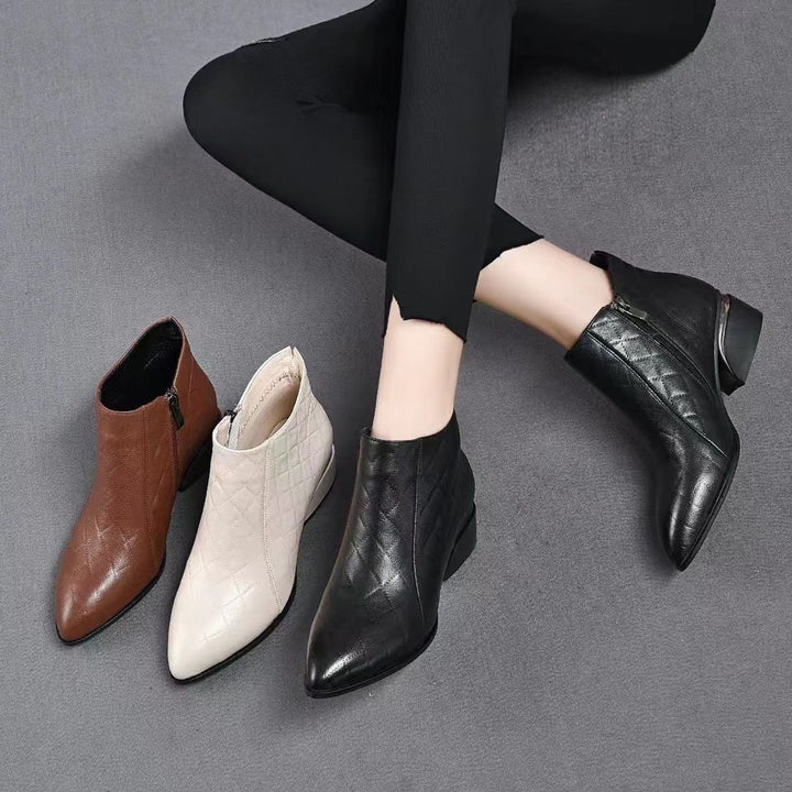 Quilted Pointed Toe Low Heel Ankle Boots