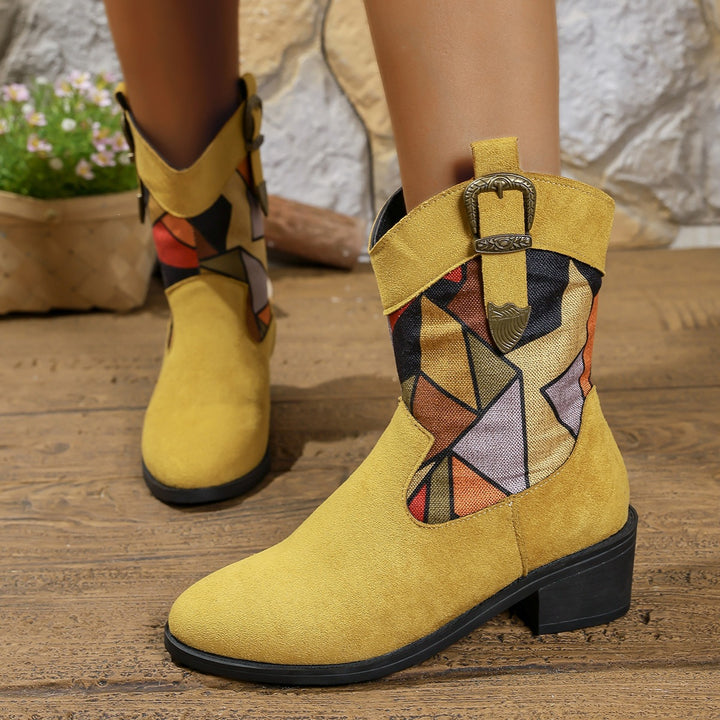 Vintage Patchwork Buckle Ankle Boots