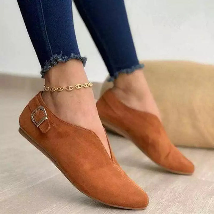 Suede V-Cut Buckle Flat Shoes