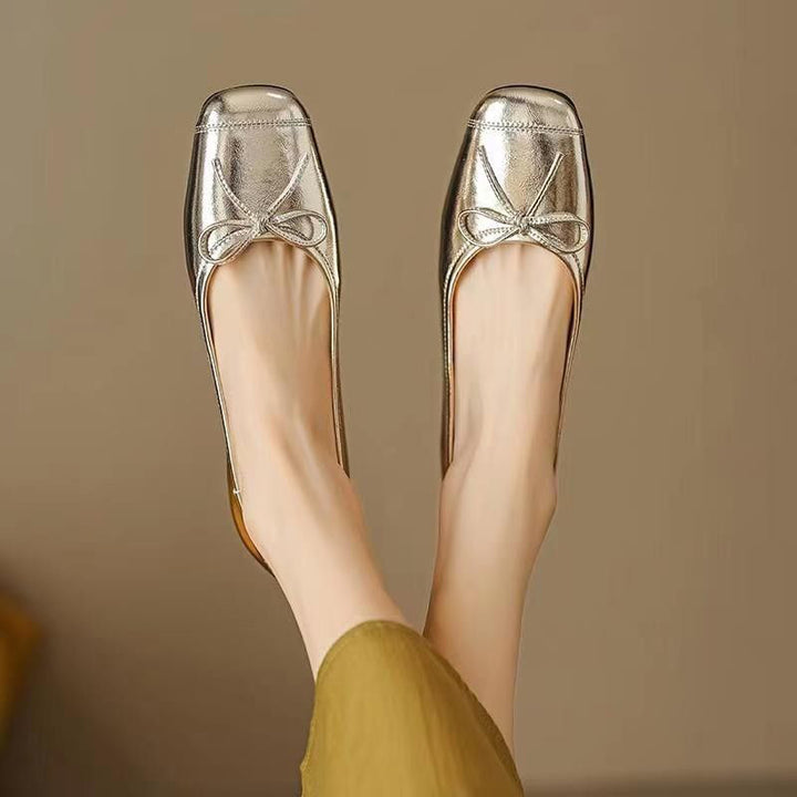 Metallic Silver Bow Square Toe Ballet Flats