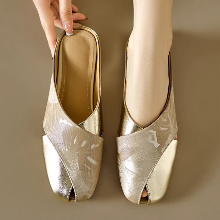 Metallic Floral Peep-Toe Mule Flats