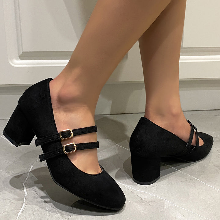 Double Strap Suede Block Heel Pumps