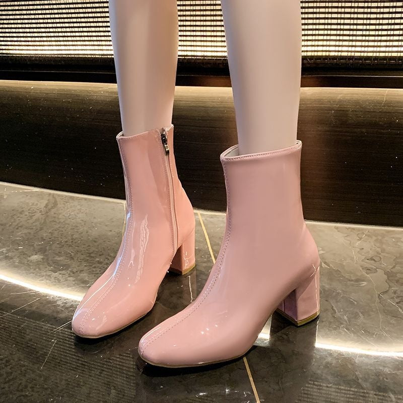 Patent Leather Block Heel Ankle Boots