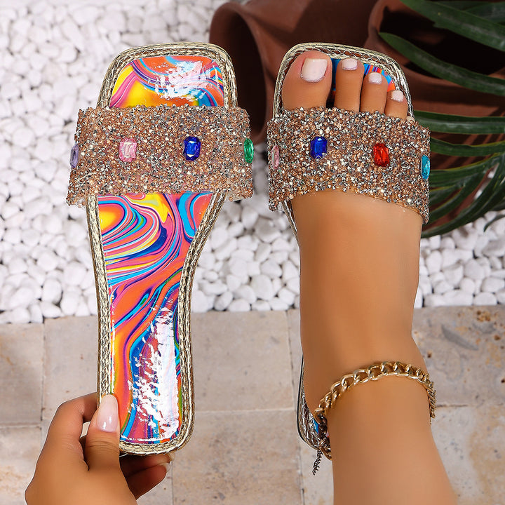 Rhinestone Square Toe Slide Sandals