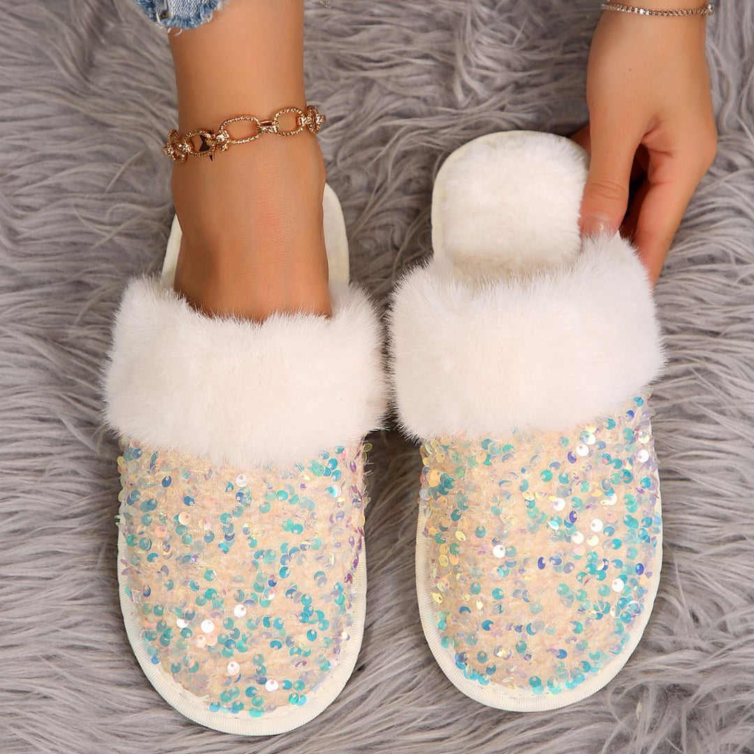 Sparkling Sequin Faux Fur Slippers