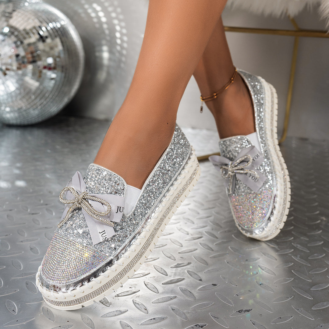 Crystal Bow Glitter Loafers