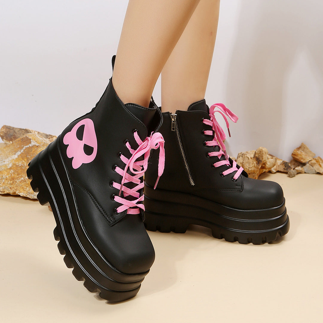 Pink Graphic Platform Lace-Up Boots