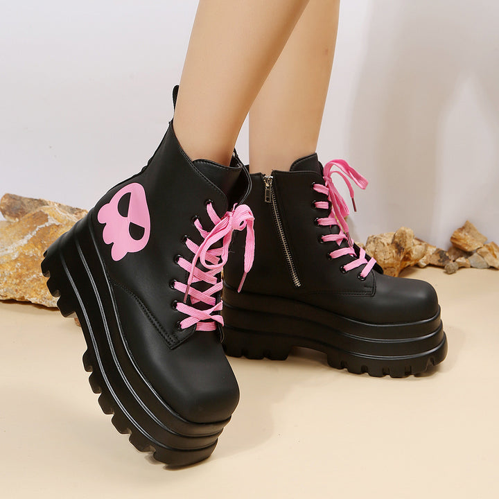 Pink Graphic Platform Lace-Up Boots