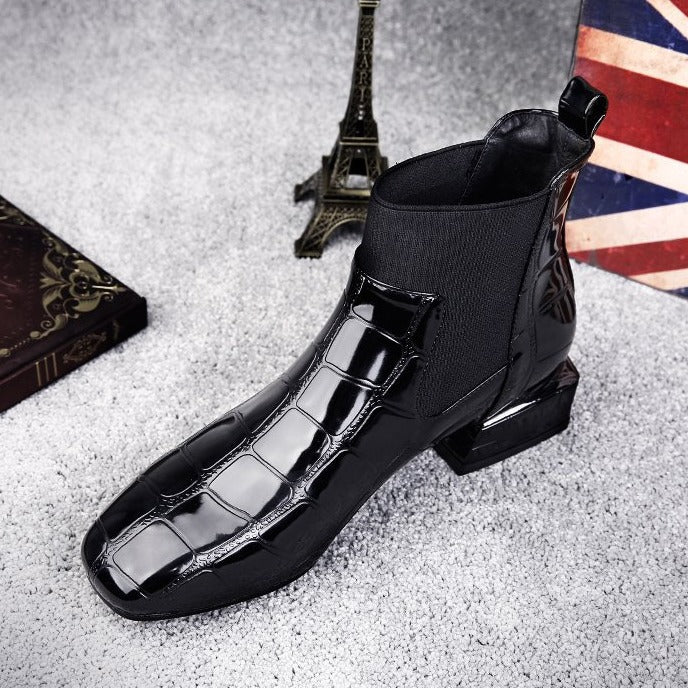Glossy Croc-Embossed Chelsea Ankle Boots