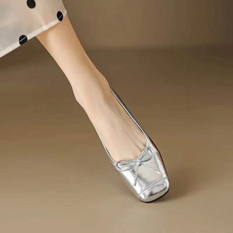 Metallic Silver Bow Square Toe Ballet Flats