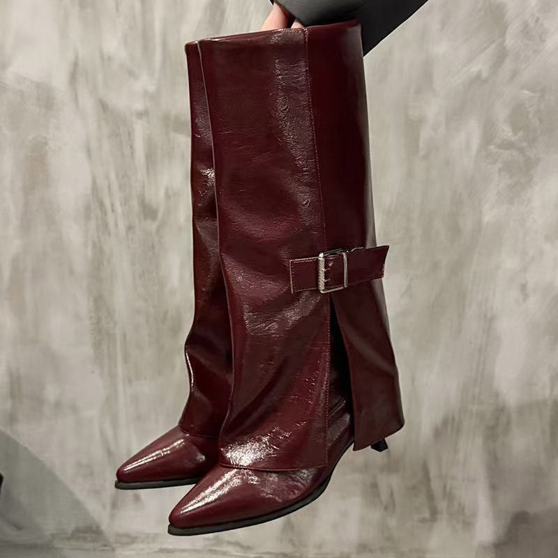 Vintage Buckle Pointed Toe Knee-High Boots