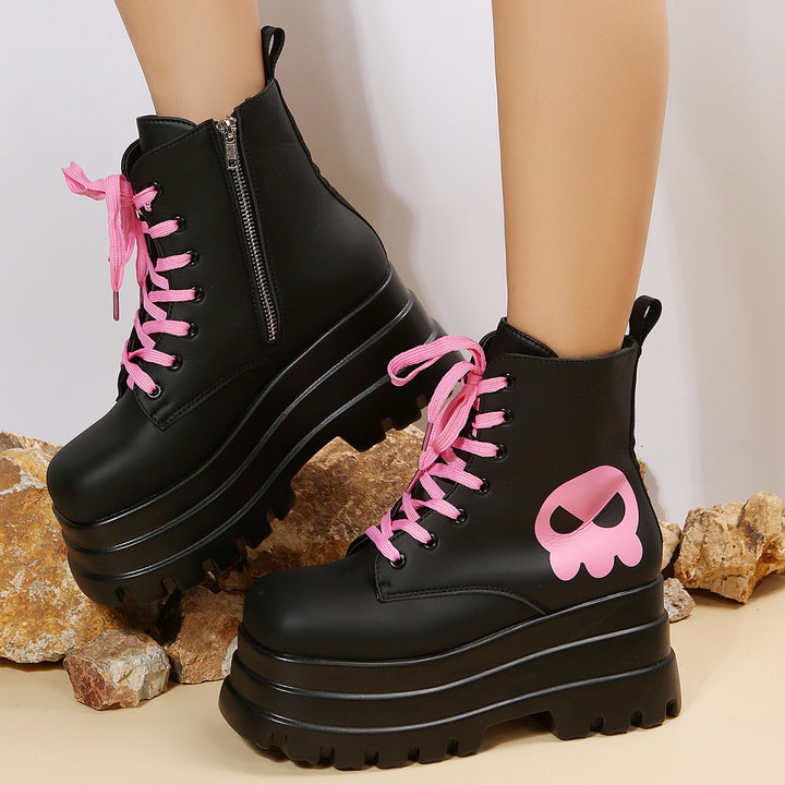 Pink Graphic Platform Lace-Up Boots