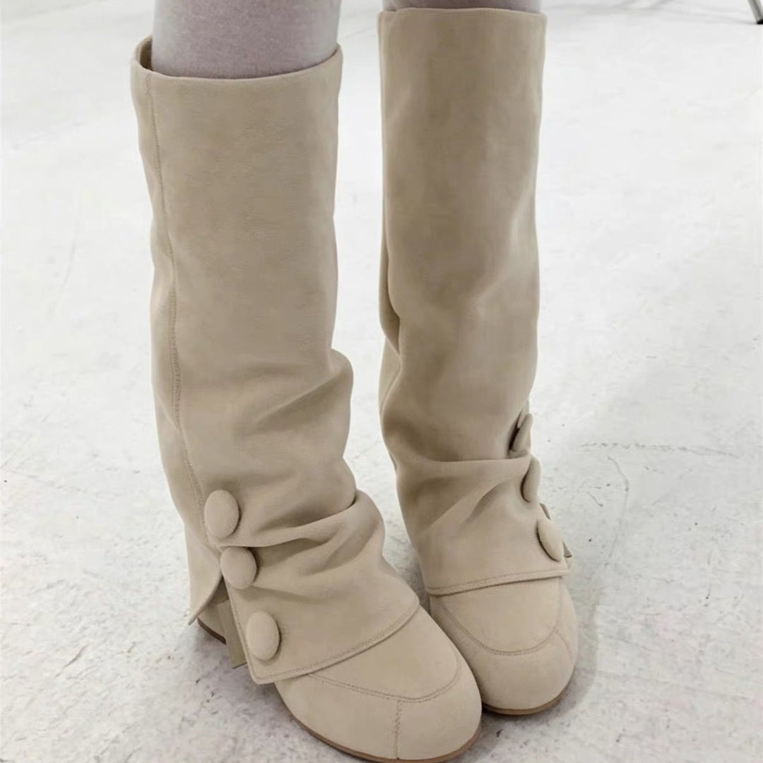 Button Slouch Knee-High Boots