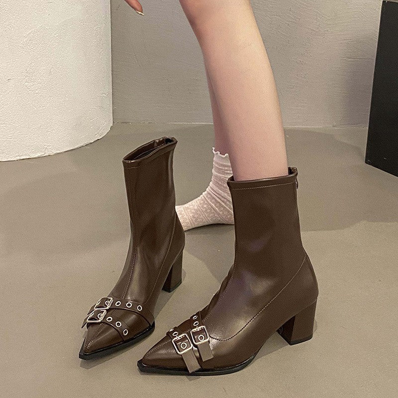 Pointed Toe Buckle Block Heel Ankle Boots