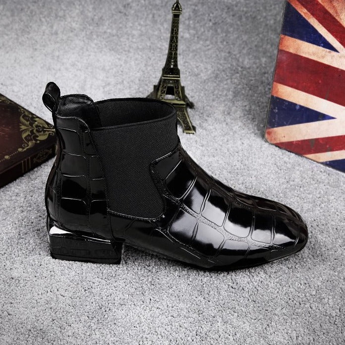 Glossy Croc-Embossed Chelsea Ankle Boots