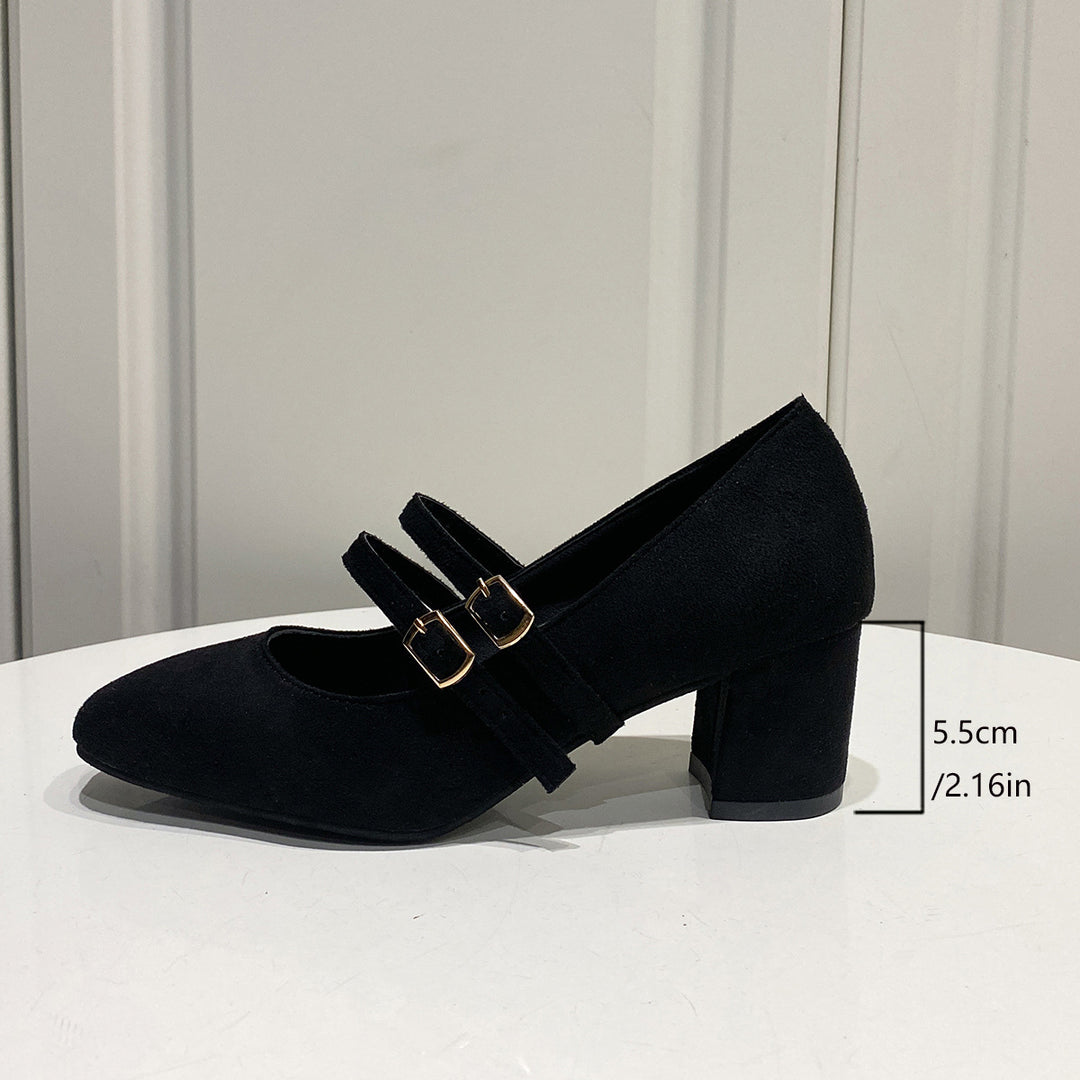 Double Strap Suede Block Heel Pumps