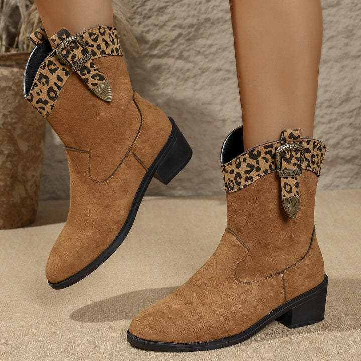 Leopard Trim Buckle Mid-Calf Boots