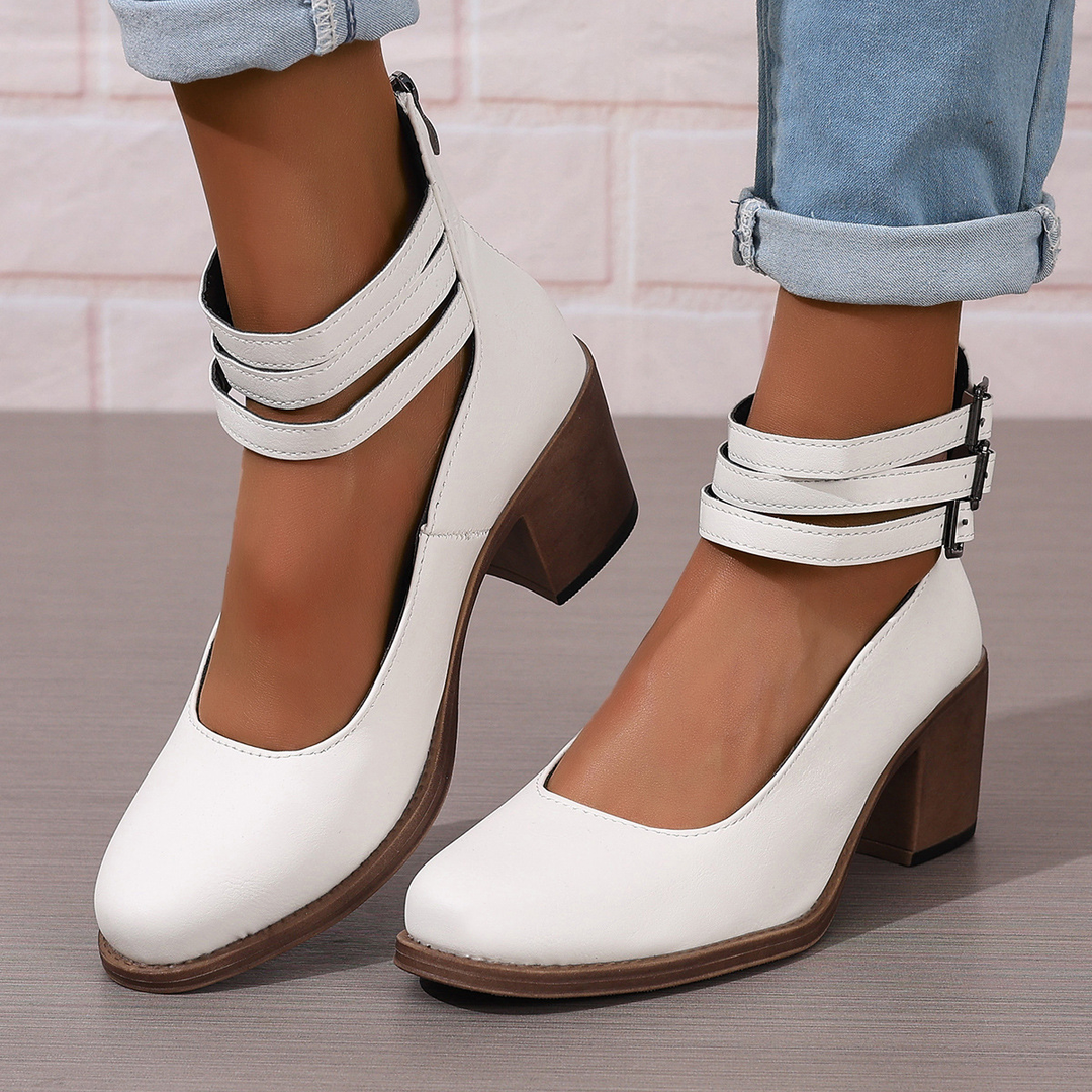 Retro Triple Strap Block Heel Pumps