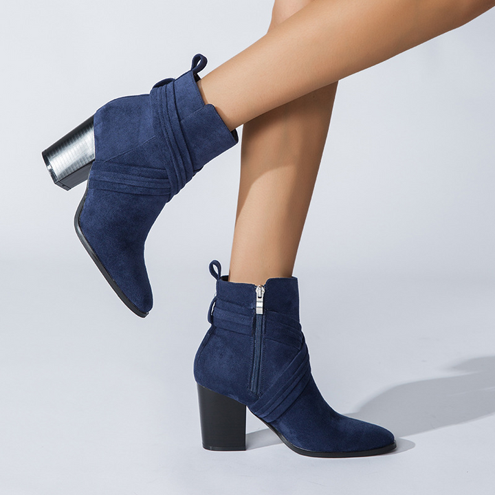 Vintage Suede Wrap Strap Block Heel Ankle Boots