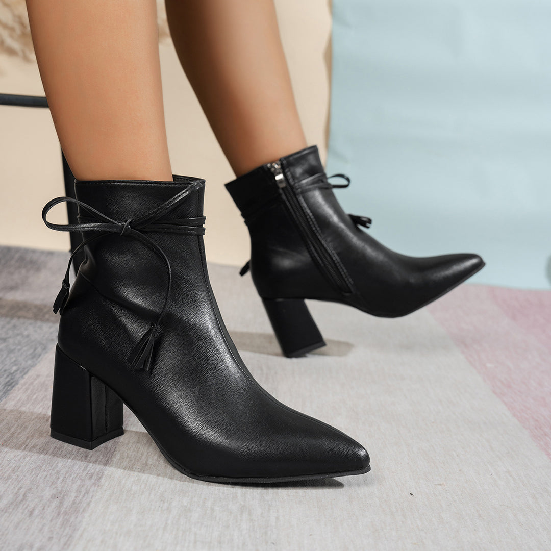 Black Tassel Ankle Boots with Block Heels