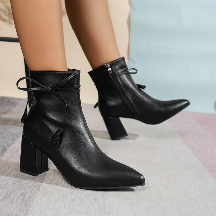 Black Tassel Ankle Boots with Block Heels