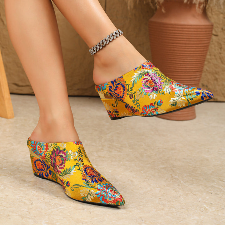 Floral Jacquard Wedge Mule Shoes