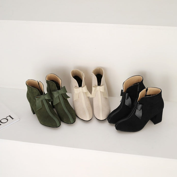 Bow Accent Block Heel Ankle Boots