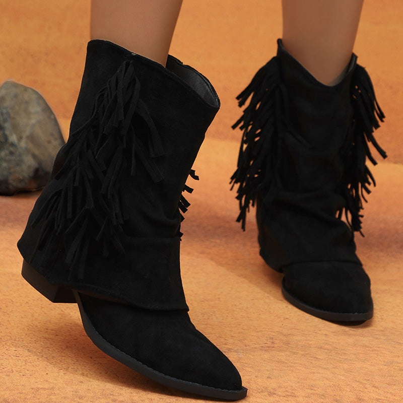 Fringe Detail Slouchy Western Ankle Boots