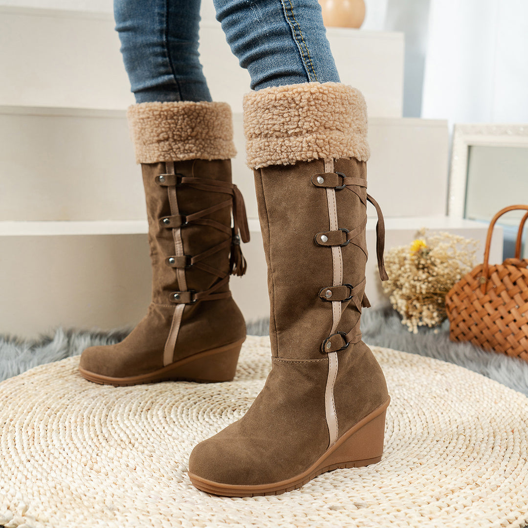 Brown Faux Suede Faux Fur Cuff Wedge Boots