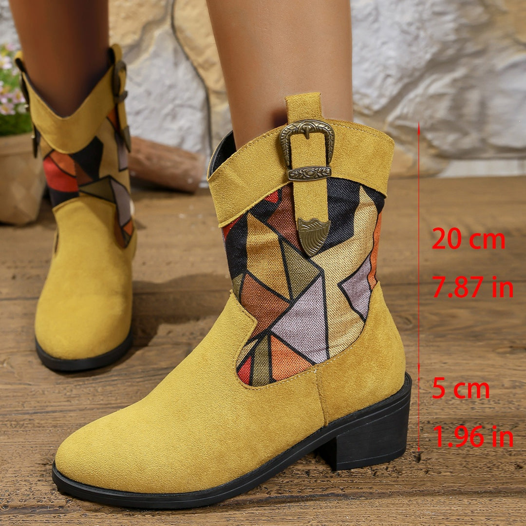 Vintage Patchwork Buckle Ankle Boots