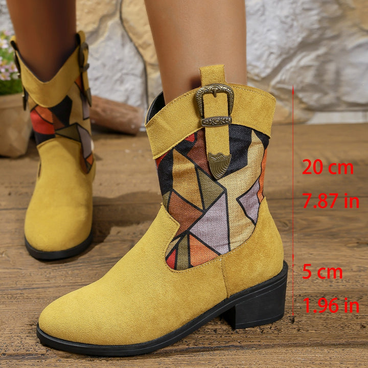 Vintage Patchwork Buckle Ankle Boots