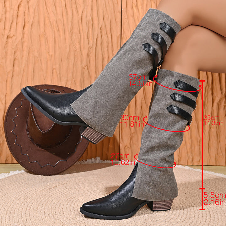 Vintage Buckle Mid-Calf Block Heel Boots