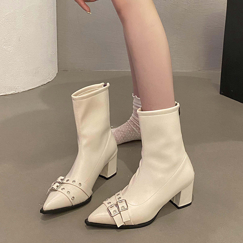 Pointed Toe Buckle Block Heel Ankle Boots