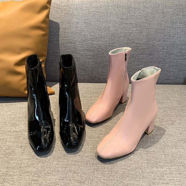 Patent Leather Block Heel Ankle Boots