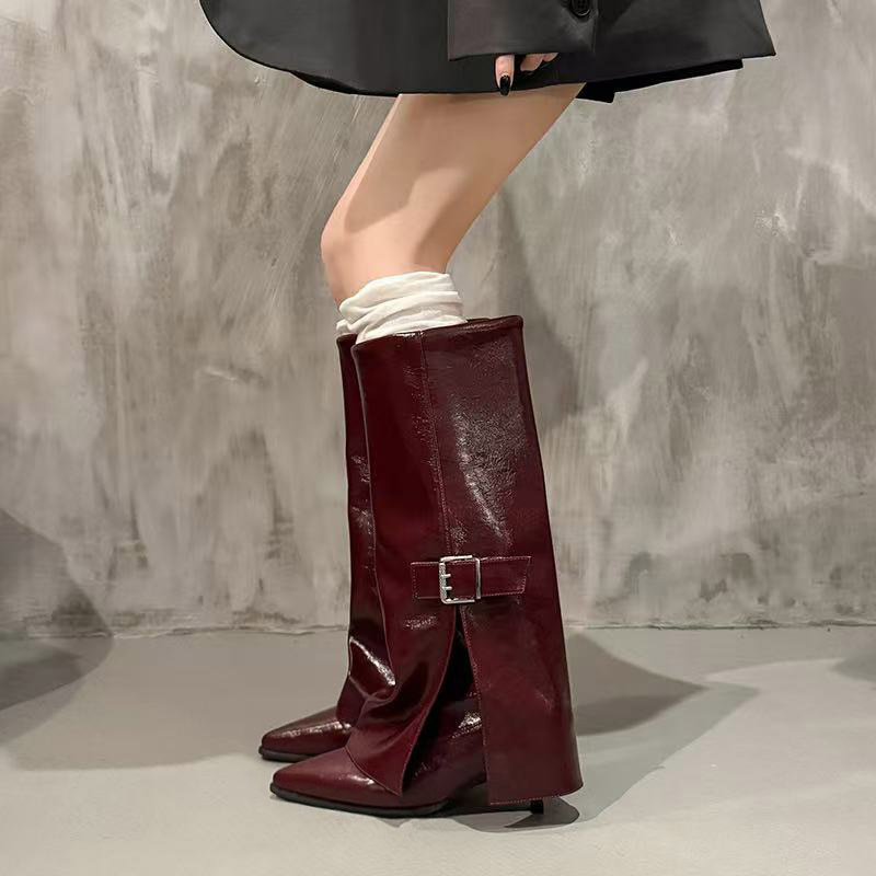 Vintage Buckle Pointed Toe Knee-High Boots