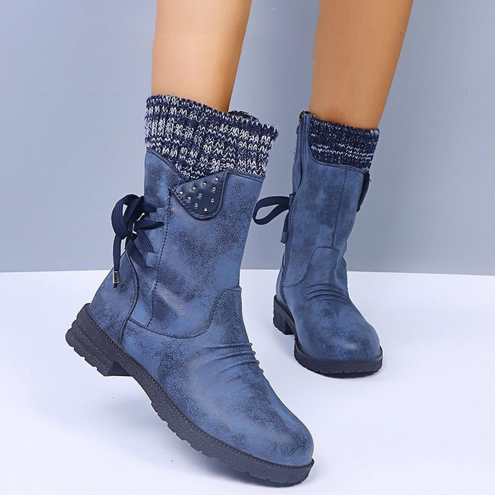 Vintage Knit Cuff Lace-Up Mid-Calf Boots