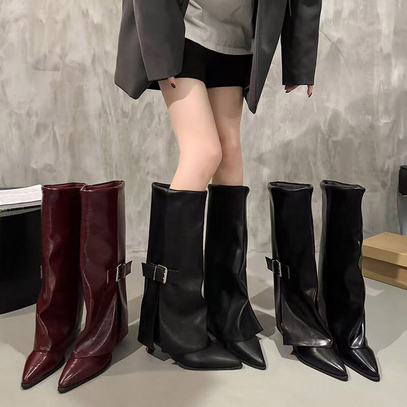 Vintage Buckle Pointed Toe Knee-High Boots